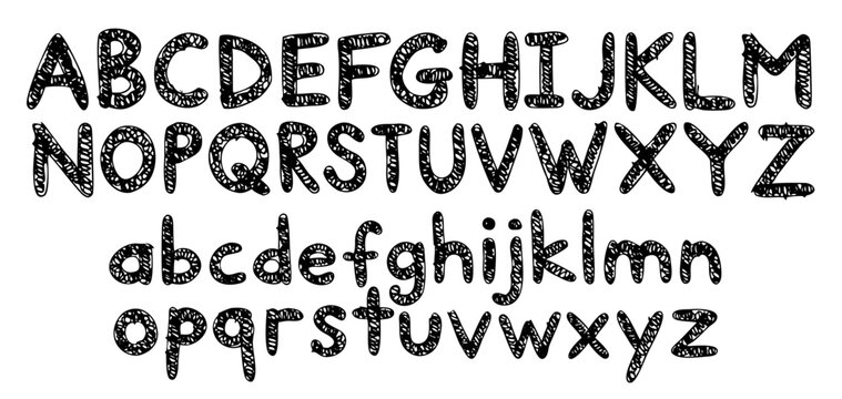 Hand Drawn Sketchy Alphabet Font - Black Uppercase and Lowercase Letters A to Z Complete Set on White Background