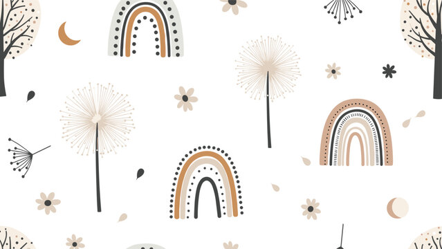 Beautiful boho style seamless pattern with rainbows dandelion flowers trees and moons in warm earthy tones for modern nursery textiles.