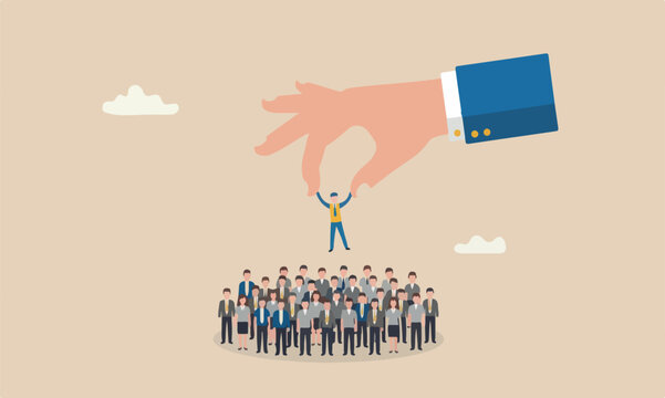 Choosing candidate, searching success people concept, giant businessman hand HR pick up winner from group of job candidate