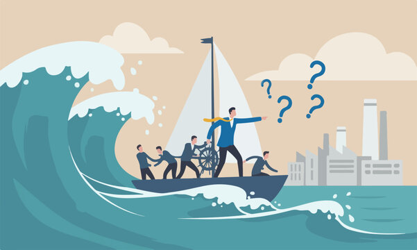 Courage, challenge Big industrial risk taker concept, businessman captain point finger to lead team sailing boat to survive big wave storm
