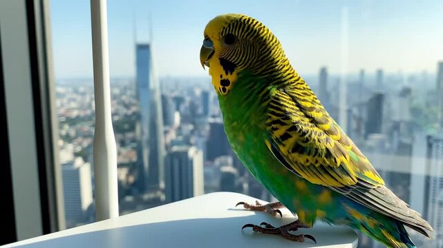 Colorful Parakeet Perched on Windowsill Highrise.