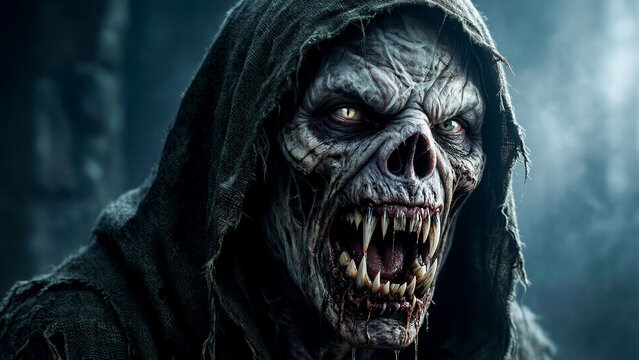 Scary zombie monster with sharp teeth and glowing eyes wearing a dark hooded cloak