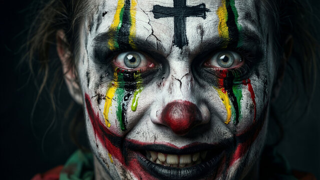 Scary clown face with black cross paint and colorful melting makeup on forehead