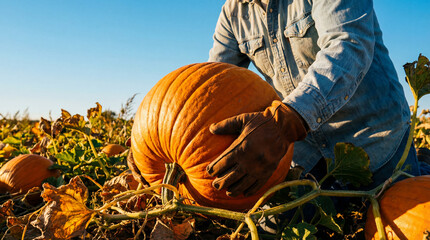 Gloved hands carefully harvest a big orange pumpkin from a vibrant fall field under a clear sky. Celebrating the autumn harvest season