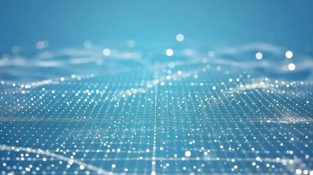 This showcases a futuristic network of glowing white lines and dots on a blue background, representing a complex digital connection system in a mesmerizing visual display.