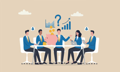 Stock market bank illustration is modern, flat design with clean lines and minimal shading like miracle concept, businessman investment wizard using magic wand to make stock price rising up © kadir