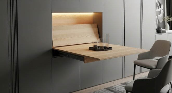 Cleverly concealed retractable dining table integrated into modern kitchen cabinets, a space-saving furniture solution.