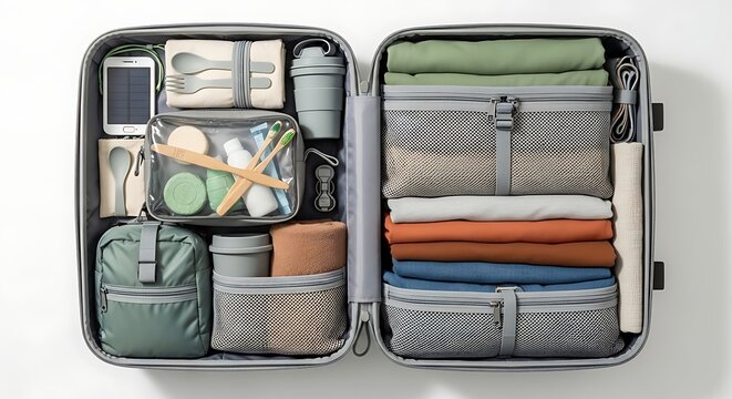 Open suitcase with organized travel essentials and clothing