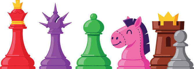 Colorful and Playful Chess Pieces Vector Set with Bright Colors and Fun Designs for Kids, Games, and Strategy Illustrations © MD