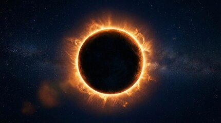 Naklejka premium Annular solar eclipse in deep space surrounded by brilliant fiery corona
