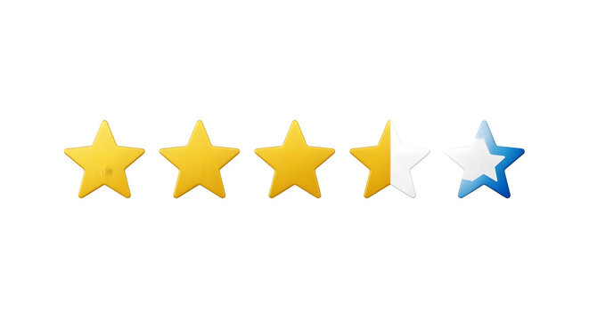 Five gold stars and one blue star with white center on transparent background