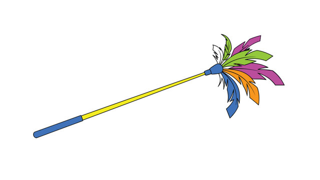 Colorful feather duster with a long yellow handle used for cleaning dust in various household chores isolated on white background.