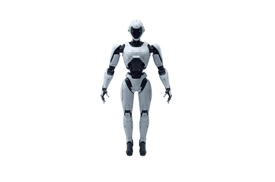 White humanoid robot standing on transparent background