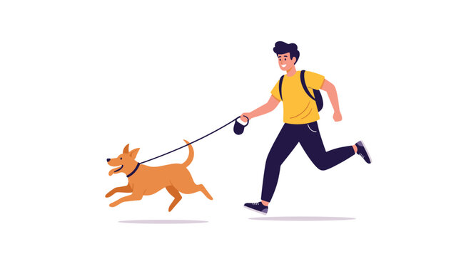 Young man in casual clothes jogging with his energetic brown dog on a leash against a plain white background for active lifestyle.