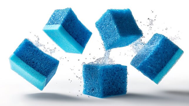 Five cube-shaped blue sponges with water splashes, suspended mid-air against a white background