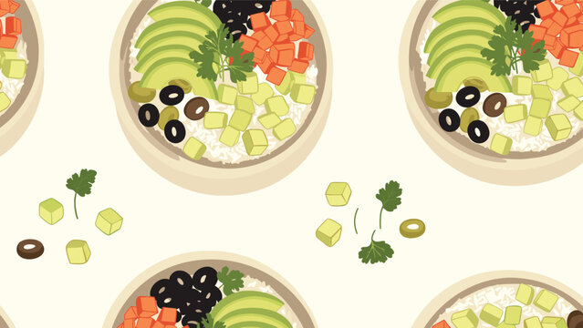 Healthy poke bowl pattern with rice avocado salmon olives and cucumber pieces on a light cream background for culinary backgrounds.