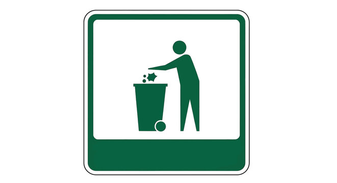 Person throwing trash into a green recycling bin, clean environment sign vector illustration