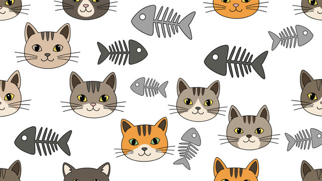 Playful seamless pattern featuring various cat faces and fish bone skeletons on a clean white background for feline lovers.
