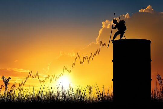 Person standing on a high point with a rising graph line at sunset.