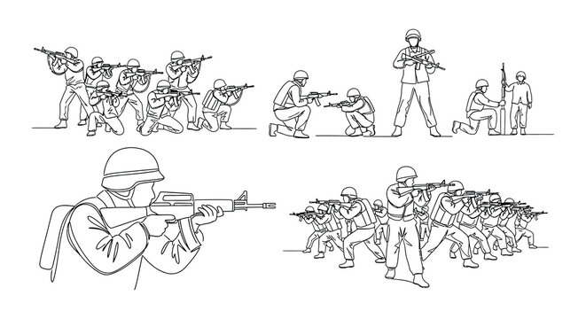 Line drawing depicting soldiers in combat or training scenarios
