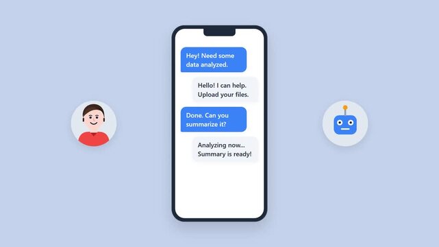 Animation of a human chatting with an AI robot assistant on a smartphone, flat design concept of artificial intelligence data analysis and customer support