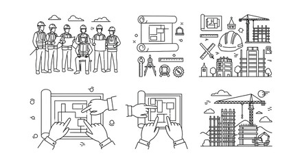 Obraz premium Construction workers blueprints and building site elements in linear design