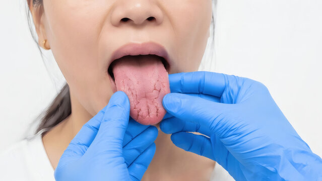 Doctor examining a patient with fissured tongue (scrotal tongue) in a clinic. Close-up of medical hands in blue gloves inspecting deeply cracked and grooved tongue surface.