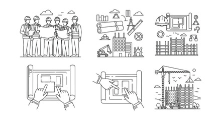 Obraz premium Construction workers blueprints and building site elements in linear design