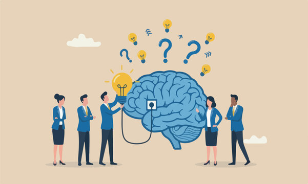 Creativity, success, teams idea or innovation, intelligence or solution concept, businessman connect plug with lightbulb idea to human brain