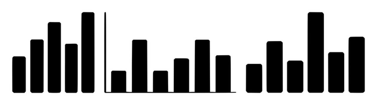Bar chart set with solid black icon design featuring data visualization, analytics, statistics with business and finance elements
