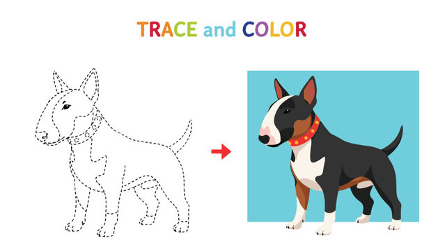 Educational activity sheet for children features a bull terrier dog with a dashed line for tracing and a colored reference for coloring practice.