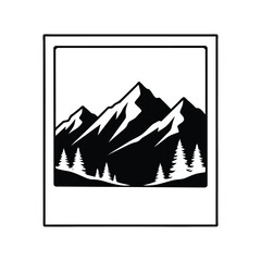 Fototapeta premium Classic black and white vector illustration of majestic mountains and fir trees within a simple graphic frame design.