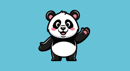 Obraz premium Cartoon panda waving hello illustration against a solid turquoise background