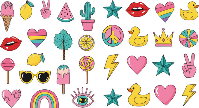 Colorful Retro Y2K Sticker Set Featuring Hearts, Rubber Ducks, Rainbows, Ice Cream, and Fun Aesthetic Elements for Trendy Fashion, Social Media, and Creative Graphic Designs