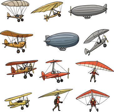 Diverse Air Vehicles and Gliding Sports Cartoon Illustration Set