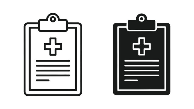 Medical clipboard icons with cross symbol documents in black and