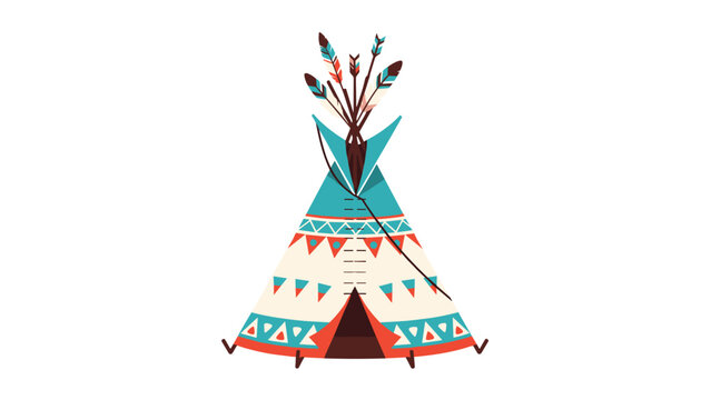 Colorful native american teepee tent is decorated with geometric patterns and multiple arrows sticking out from the top in a cultural design.