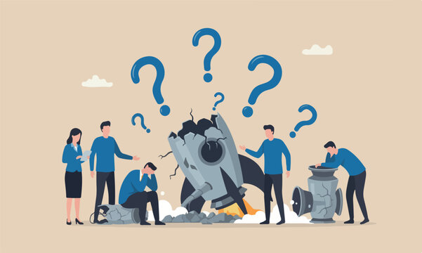 Fail The teams together flat design with clean lines and minimal shading crash launching space rocket metaphor of new business failure