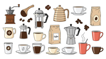 Obraz premium detailed collection of coffee brewing equipment including French press, moka pot, grinder, and various cups in a hand-drawn illustration style.