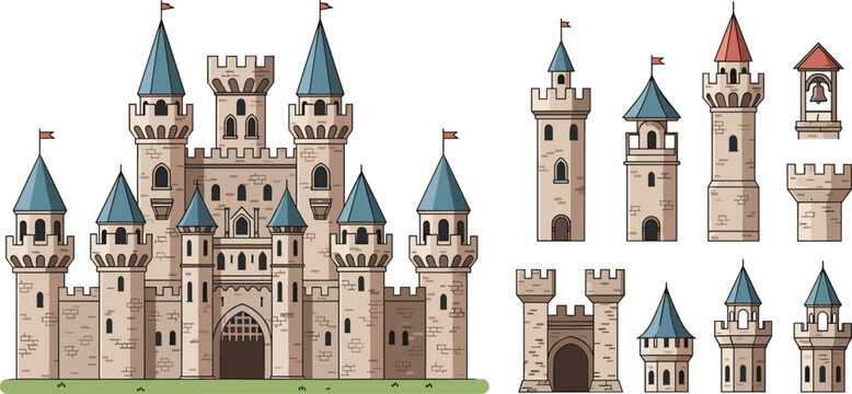 Fairytale Castle and Tower Vector Set with Detailed Architecture and Colorful Roofs for Fantasy, Game, and Storybook Designs