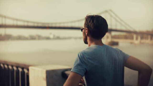 Runner Jogging Along City Embankment. Active Lifestyle And Healthy Routine 