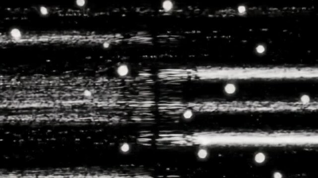 Immersive high-contrast digital static with bright white lines and pixelated dots rapidly flickering across an inky black void, fixed wide video. Retro-futuristic analog glitch aesthetic