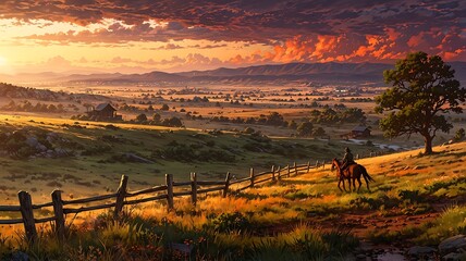 Naklejka premium Rider on Horseback in a Golden Valley at Sunset, Oil Painting Style
