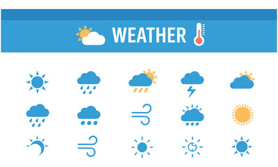 Obraz premium Weather icons and symbols collection with sun clouds rain wind and lightning