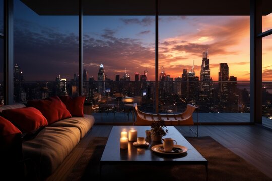 Modern living room offering a panoramic view of the illuminated chicago skyline at sunset