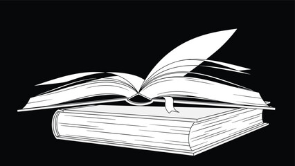 Naklejka premium Detailed black and white sketch of an open book with fluttering pages resting on top of a closed hardcover volume on a dark background.