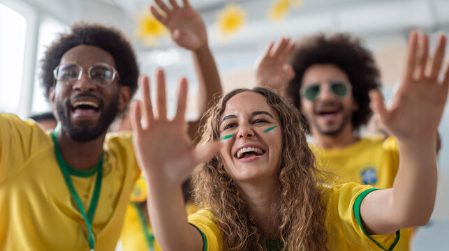 Diverse group of happy Brazilian football fans celebrating and cheering for their national team during a match