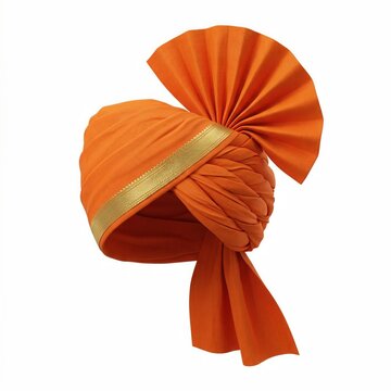 Traditional Indian Turban Festive and Elegant Bright Orange with Gold Stripe on White Background Pleated Fabric for Cultural Events and Weddings