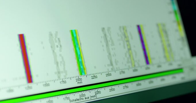 Close up of computer screen displaying industrial diagnostic data and colorful frequency spectrum charts