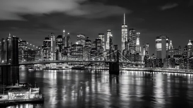 Manhattan at night, expansive urban skyline after dark, dense layers of high-rises and glass towers, river-edge reflections and crisp architectural geometry, featuring manhattan, skyline, skyscraper,